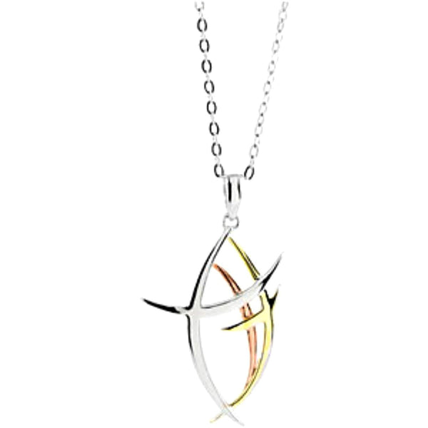 Contemporary Fish 'Walk Worthy' Yellow and Rose Gold Plate, Rhodium Plated Sterling Silver Necklace, 18"