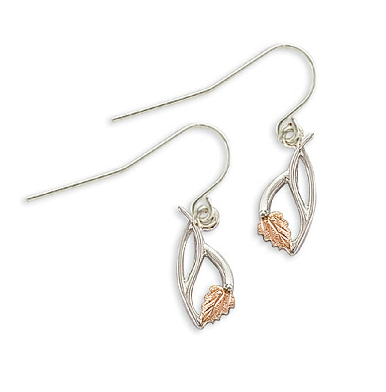 Frosty Leaves and Shepherd Hook Earrings, Sterling Silver, 12k Green and Rose Gold Black Hills Gold Motif