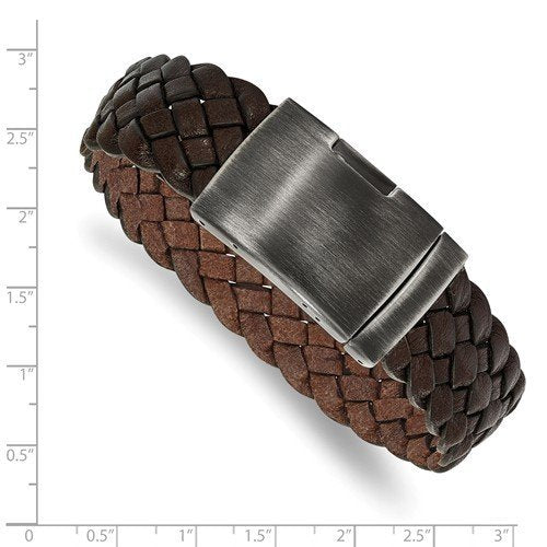 Men's Polished Stainless Steel and Brushed Brown Braided Leather Antiqued Bracelet, 9"