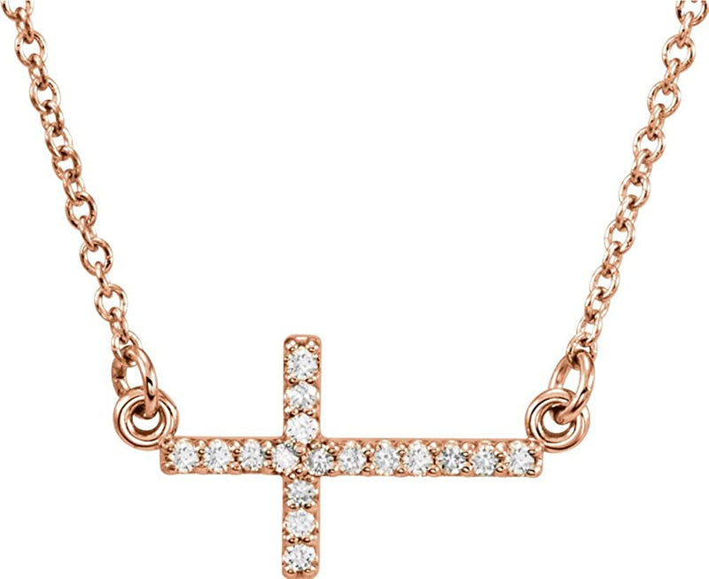 17-Stone Diamond Sideways Cross 14K Rose Gold Pendant Necklace, 16-18" (.01 Cttw)