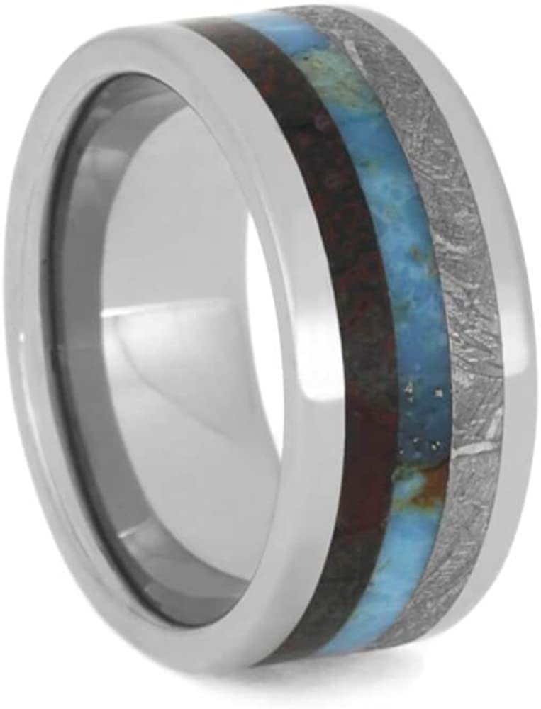 The Men's Jewelry Store (Unisex Jewelry) Gibeon Meteorite, Turquoise, Dinosaur Bone 9mm Titanium Comfort-Fit Band, Size 15.5