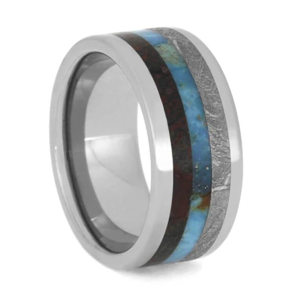 The Men's Jewelry Store (Unisex Jewelry) Gibeon Meteorite, Turquoise, Dinosaur Bone 9mm Titanium Comfort-Fit Band, Size 4.75