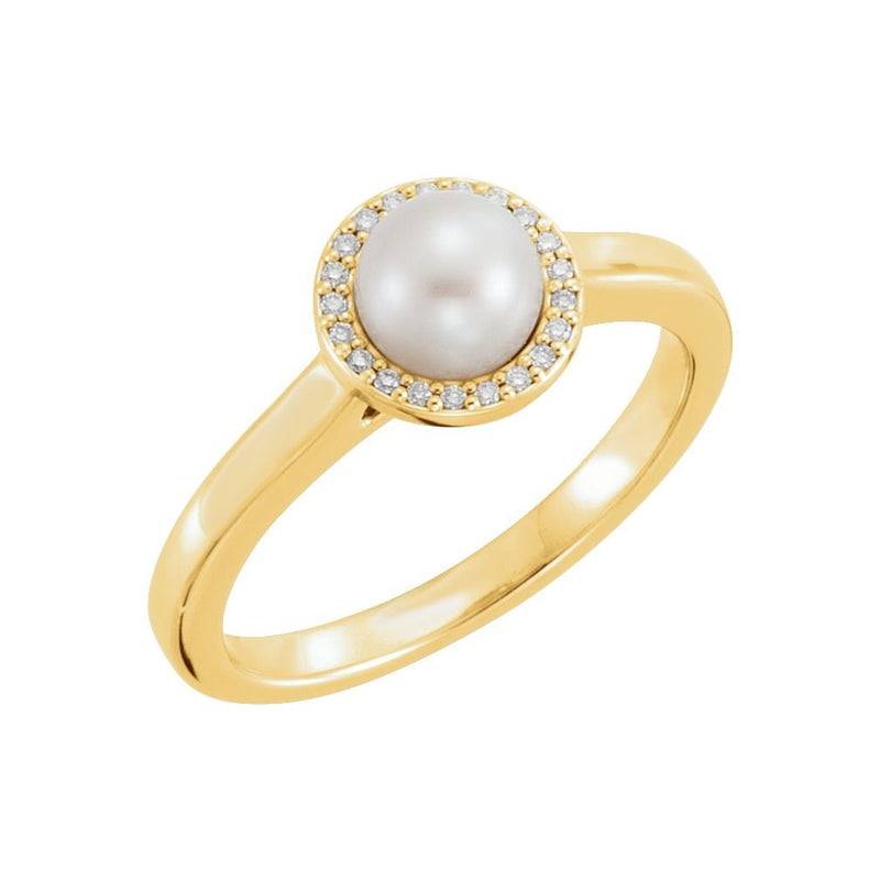 White Freshwater Cultured Pearl and Diamond Halo Ring, 14k Yellow Gold (5.5-6mm) (.05Ctw, G-H Color, I1 Clarity)