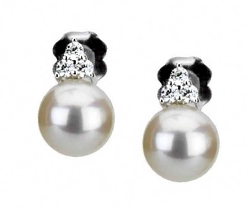 Freshwater Cultured White Pearl 1/8 Ctw Diamond Earrings, 14k White Gold (7-7.5 MM)