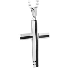 Men's Two-Tone, Black Ion Plated, CZ Cross Pendant Necklace , Stainless Steel, 24"