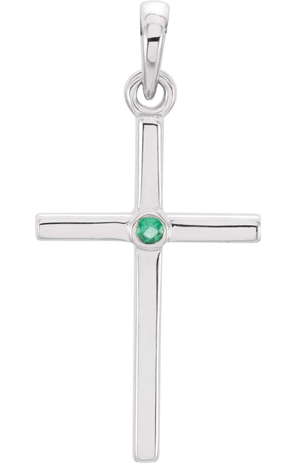 Emerald Inlay Cross Rhodium-Plated 14k White Gold Pendant (22.8x11.3MM)