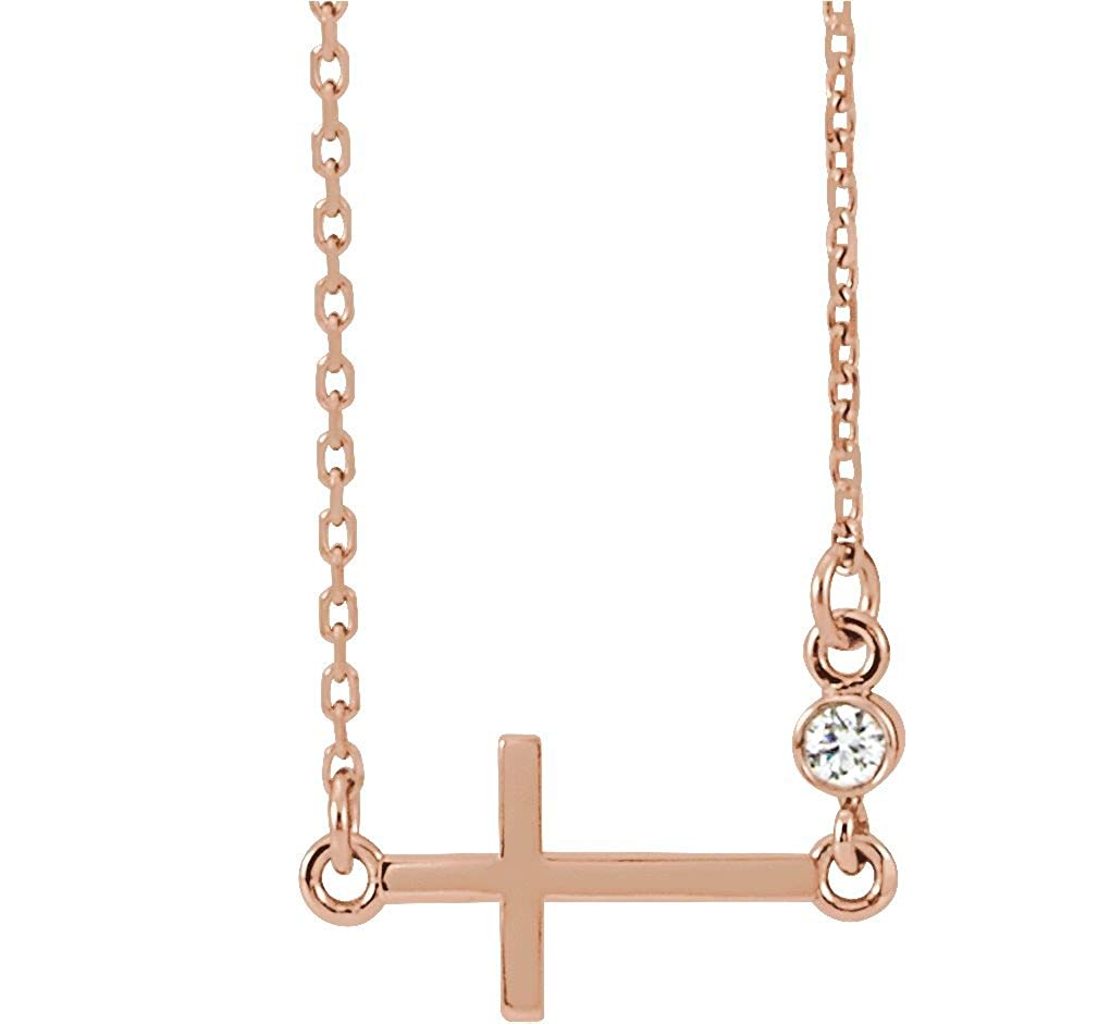 Diamond Sideways Cross 14k Rose Gold Necklace , 16"-18" (.03 Ct, G-H Color, I1 Clarity)