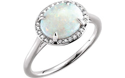 14K White Gold, Opal Cabochon and Diamond Oval Halo Ring, Size 7