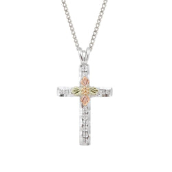 Cross Pendant Necklace, Sterling Silver, 12k Green and Rose Gold Black Hills Gold Motif, 18"