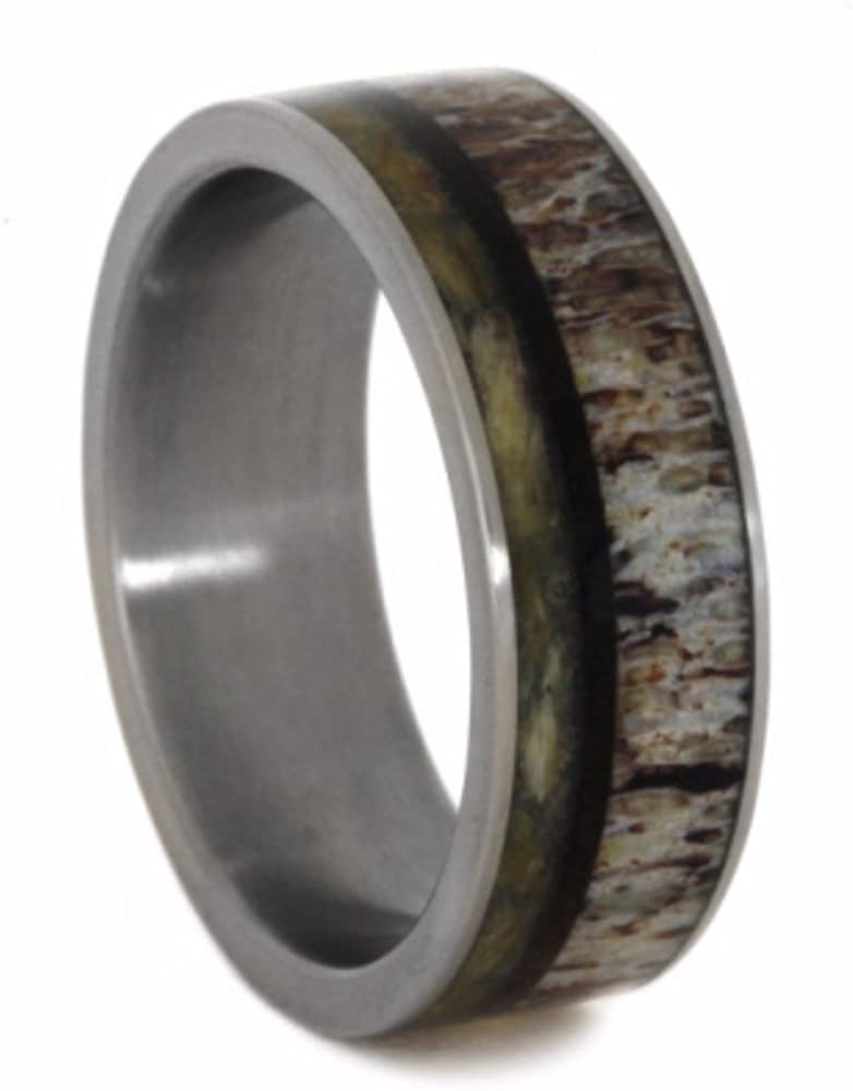 Deer Antler, Wishbone, Green Box Elder Wood 8mm Comfort-Fit Matte Titanium Wedding Band, Size 7.75