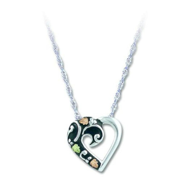 Antiqued Heart Silhouette Pendant Necklace, Sterling Silver, 12k Green and Rose Gold Black Hills Gold Motif, 18''