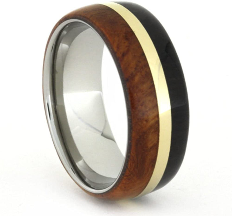 Amboyna and African Blackwood, 14k Yellow Gold 8mm Titanium Comfort-Fit Band, Size 4.5