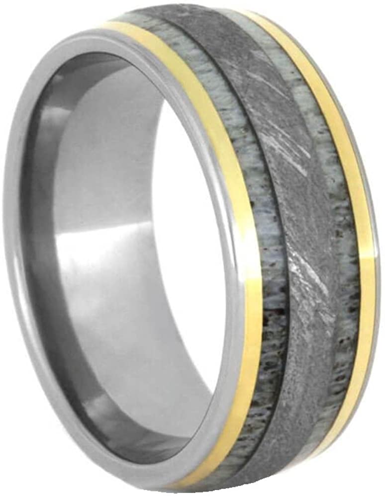 The Men's Jewelry Store (Unisex Jewelry) Deer Antler, Gibeon Meteorite Inlay, 18k Yellow Gold 10mm Comfort Fit Titanium Band, Size 14.25