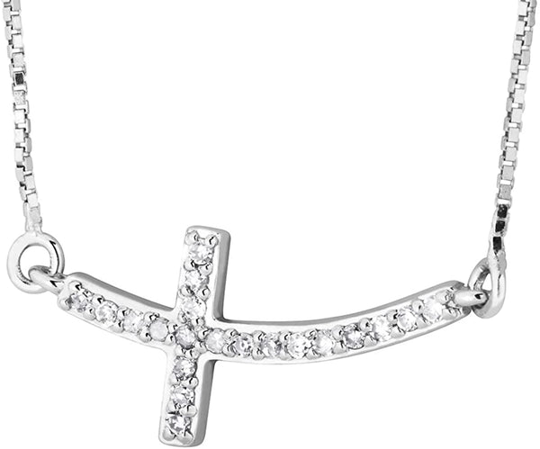The Men's Jewelry Store (for HER) Diamond Curved Sideways Cross Necklace, Rhodium Plated Sterling Silver, 18" (.10 Ctw)