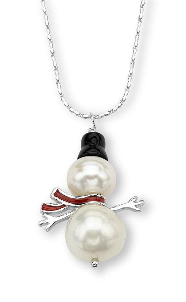White Cultured Freshwater Pearl, Black Onyx Cap Snowman Rhodium Plated Sterling Silver Necklace, 18"