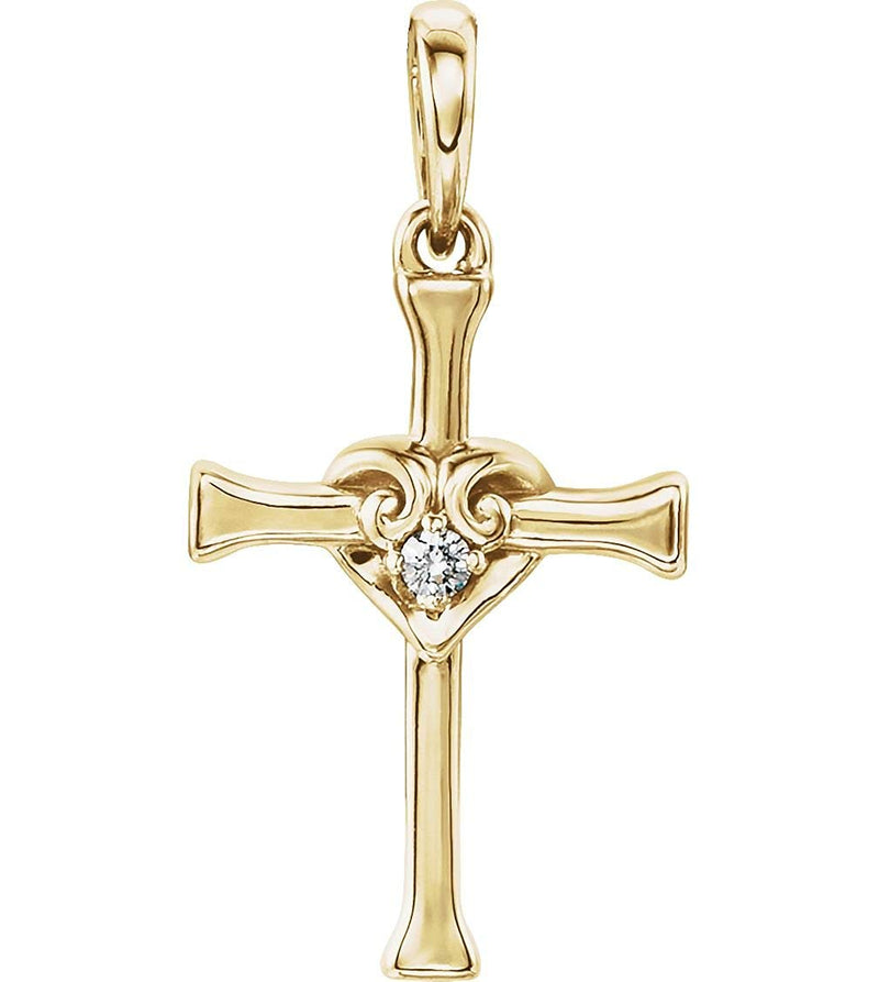Diamond with Heart Cross 14k Yellow Gold Pendant (.025 Ct, G-H Color, I1 Clarity)