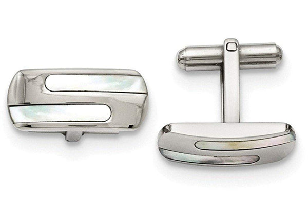 Stainless Steel Polished Mother of Pearl Rectangle Cuff Links, 22X10MM