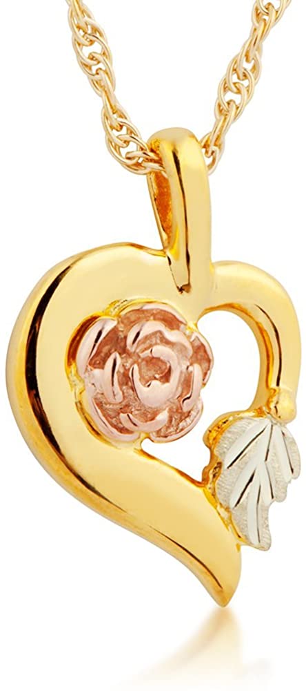 Heart Rose Pendant Necklace, 10k Yellow Gold, 12k Green Leaf Gold Black Hills Gold Motif, 18"