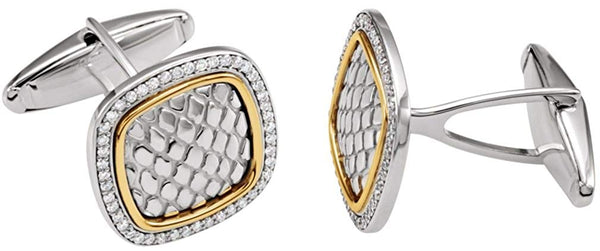 Diamond Snake Skin Embossed Square Cuff Links, Sterling Silver, 14k Yellow Gold (.50 Ctw, GH Color, Clarity I1 )