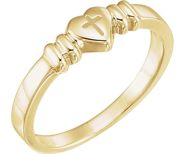 14k Yellow Gold Cross Heart Signet Ring, Size 4