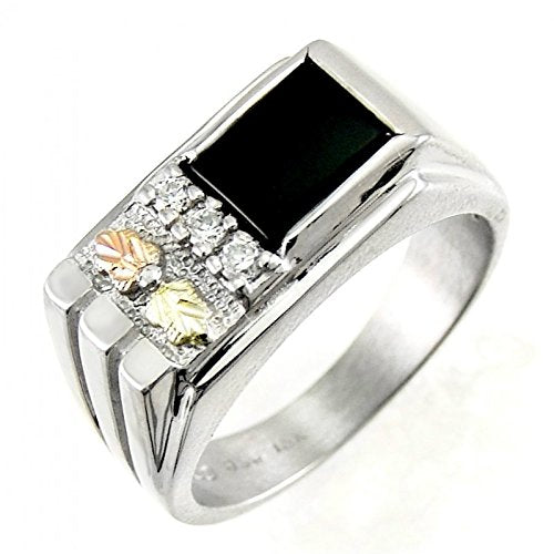 Rectangular Onyx with Cubic Zirconia Ring, Sterling Silver, 12k Green and Rose Gold Black Hills Gold Motif