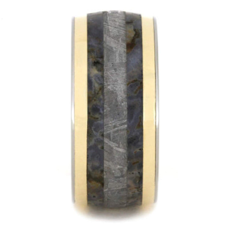 Gibeon Meteorite, Dinosaur Bone, 14K Yellow Gold 11mm Comfort-Fit Titanium Ring