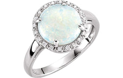 Cabochon Opal and Diamond Halo 14k White Gold Ring, Size 7