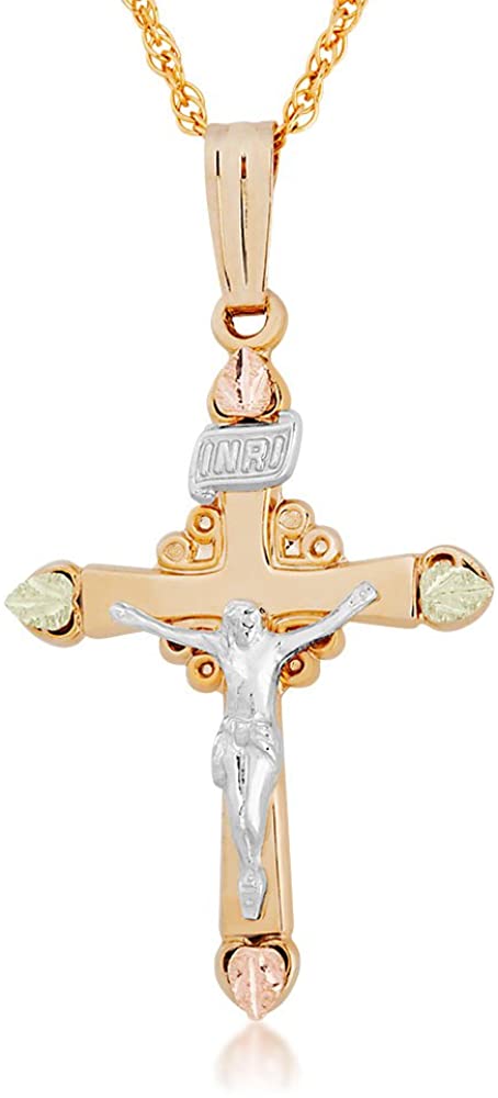 Christ is Risen Cross Necklace, 10k Yellow Gold, 12k Green, Rose Gold Black Hills Gold Motif, 18''