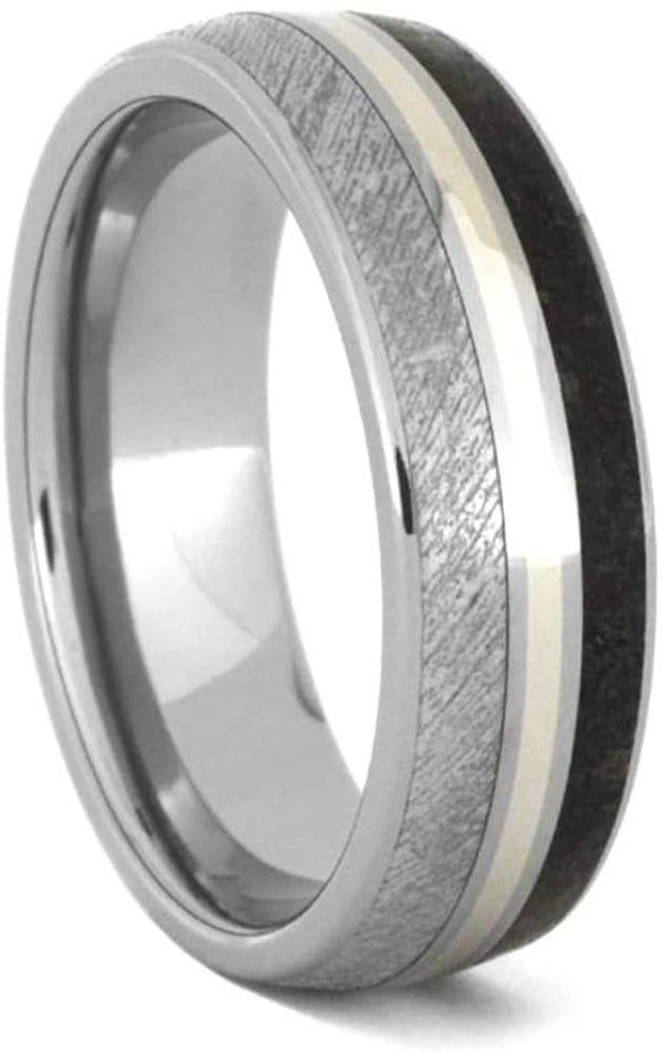 Gibeon Meteorite, Dinosaur Bone, 14k White Gold 7mm Titanium Comfort-Fit Wedding Band, Size 8.75