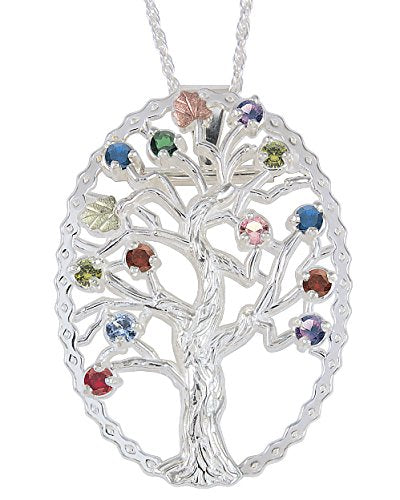 Multi Gemstone Tree Pendant Necklace, Sterling Silver, 12k Green and Rose Gold Black Hills Gold Motif, 18"