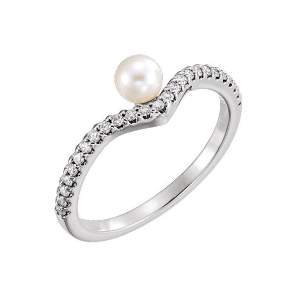 White Freshwater Cultured Pearl, Diamond Asymmetrical Ring, Sterling Silver (4-4.5mm)(.2 Ctw, G-H Color, I1 Clarity)