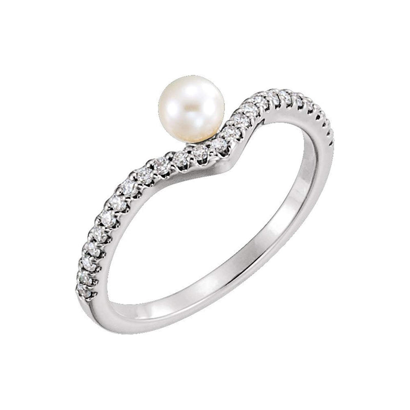 White Freshwater Cultured Pearl, Diamond Asymmetrical Ring, Sterling Silver (4-4.5mm)(.2 Ctw, G-H Color, I1 Clarity) Size 6.25