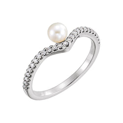 White Freshwater Cultured Pearl, Diamond Asymmetrical Ring, Rhodium-Plated 14k White Gold (4-4.5mm)(.2 Ctw, G-H Color, I1 Clarity) Size 7.25