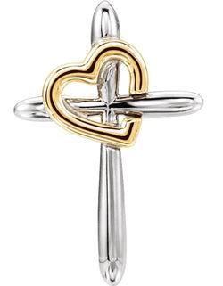 Two-Tone Cross with Heart Rhodium-Plated 14k White and Yellow Gold Pendant (19.80X13.30)