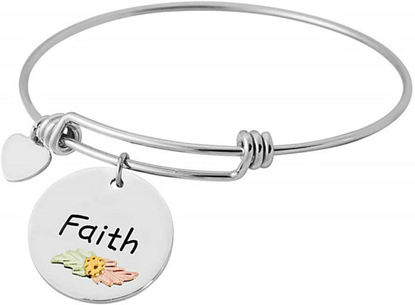 Faith' Charm with Heart Wire Bracelet, Sterling Silver, 12k Green and Rose Gold Black Hills Gold Motif, 8"