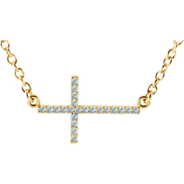 17-Stone Aquamarine Sideways Cross 14k Yellow Gold Pendant Necklace, 16-18"