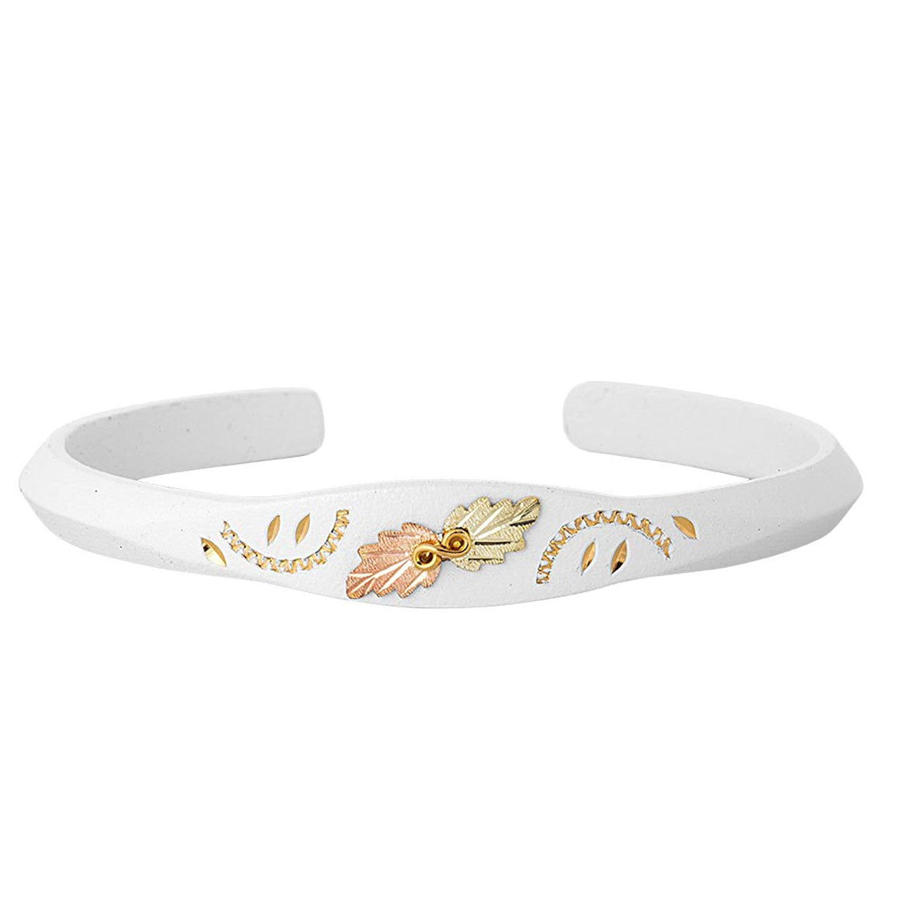 Petite White Enamel Trim Bangle Bracelet, 10k Yellow Gold, 12k Green and Rose Gold Black Hills Gold Motif