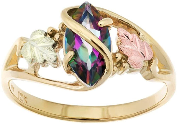 Ave 369 10k Yellow Gold, Marquise Mystic Fire Topaz Wrap Ring, 12k Rose and Green Gold Black Hills Gold