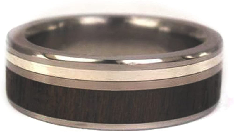 Ziricote Wood, Sterling Silver Inlay 7mm Comfort Fit Titanium Band, Size 11.25