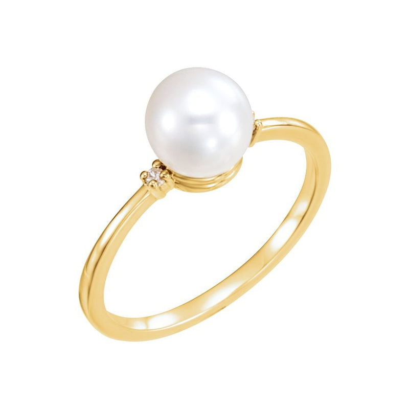 White Freshwater Cultured Pearl and Diamond Ring, 14k Yellow Gold (7.00-7.50 mm) (.025Ctw, G-H Color, I1 Clarity)