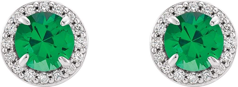 Chatham Created Emerald and Diamond Earrings, 14k White Gold (4MM) (.16 Ctw, G-H Color, I1 Clarity)