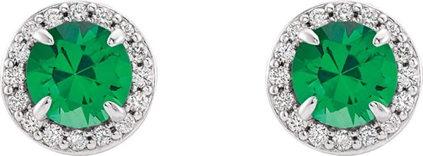 Chatham Created Emerald and Diamond Earrings, 14k White Gold (4MM) (.16 Ctw, G-H Color, I1 Clarity)