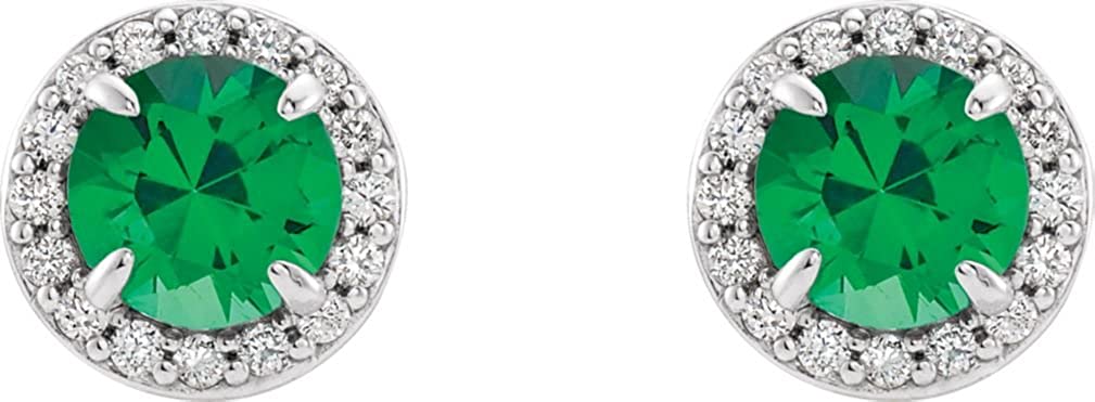 Chatham Created Emerald and Diamond Earrings, 14k White Gold (3.5MM) (.16Ctw, G-H Color, I1 Clarity)