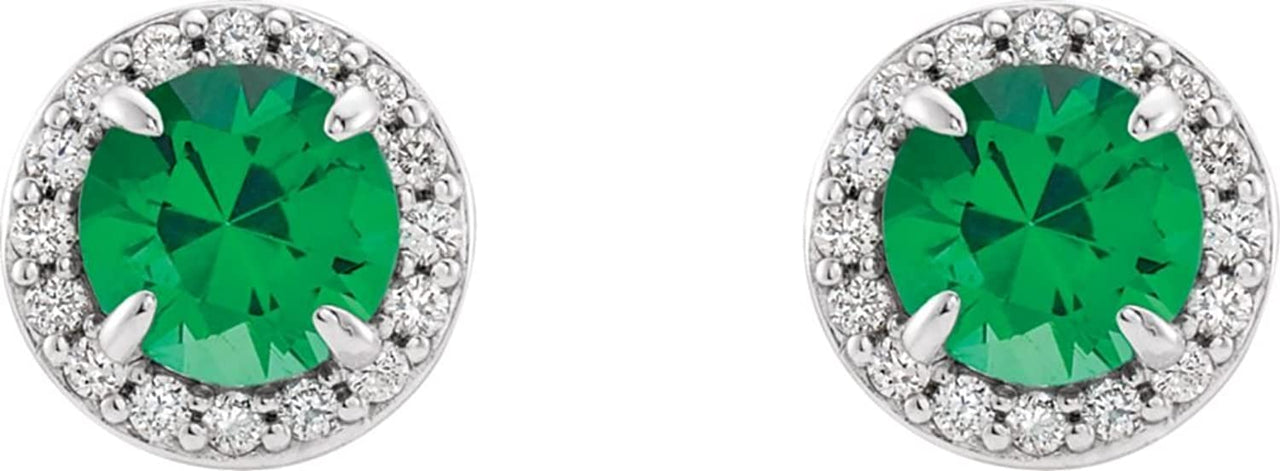 Emerald and Diamond Halo-Style Earrings, Rhodium-Plated 14k White Gold (5MM) (.16 Ctw, G-H Color, I1 Clarity)