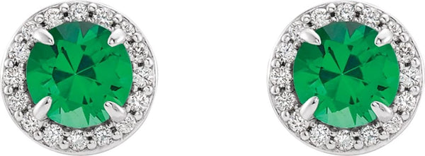 Emerald and Diamond Halo-Style Earrings, Rhodium-Plated 14k White Gold (5MM) (.16 Ctw, G-H Color, I1 Clarity)