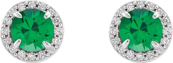 Emerald and Diamond Halo-Style Earrings, 14k White Gold (3.5MM) (.125 Ctw, G-H Color, I1 Clarity)