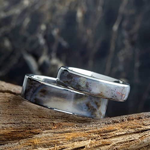 Petrified Wood Comfort-Fit Titanium His and Hers Wedding Band Set Size, M15.5-F4