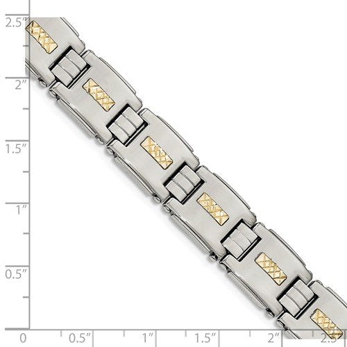 Men's Stainless Steel with 14k Yellow Gold Diamond-Cut Link Bracelet, 8"