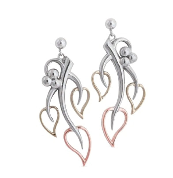Past, Present, Future Heart Leaf Earrings, Rhodium Plated Sterling Silver, 10k Green and Rose Gold