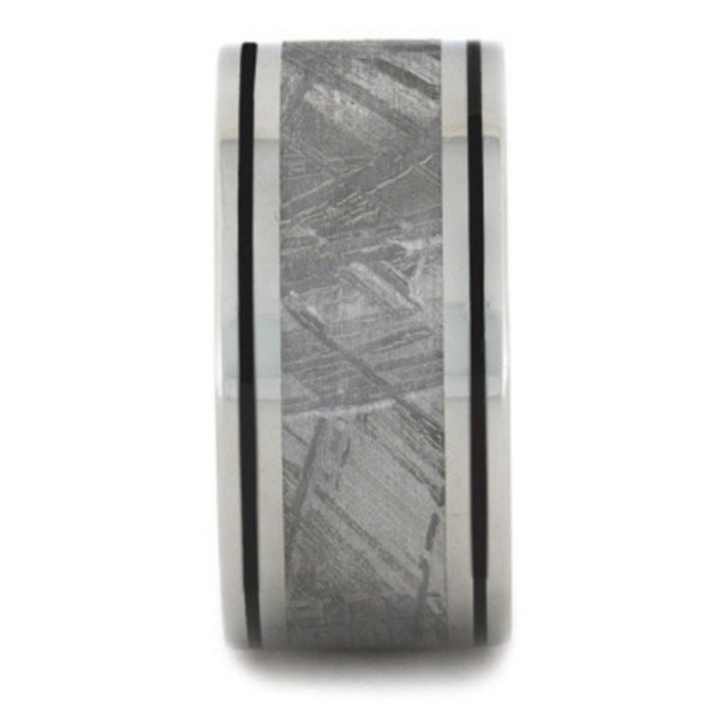 Gibeon Meteorite, Black Enamel Pinstripes 11mm Comfort-Fit Titanium Wedding Band, Size 9.5